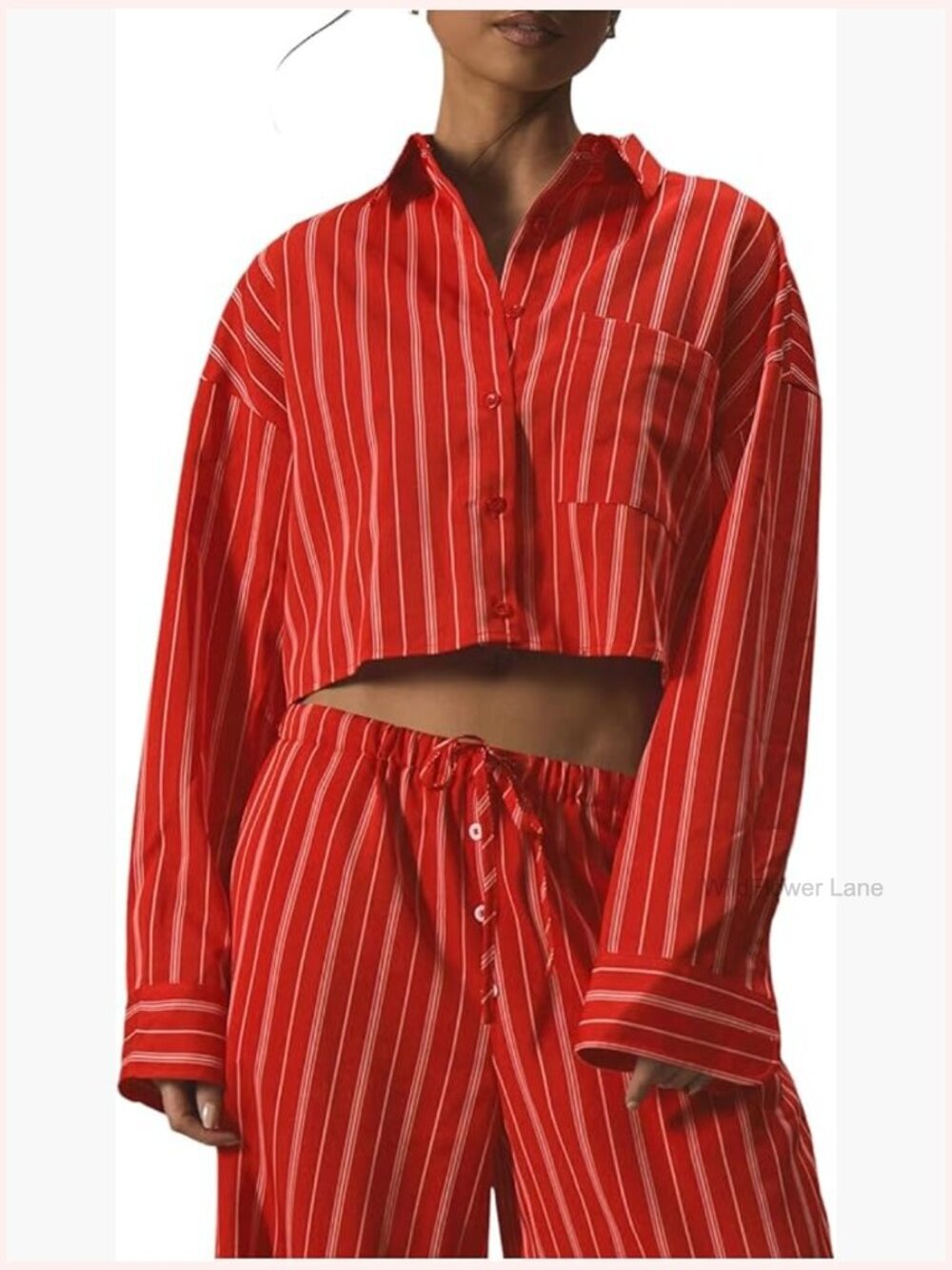 Striped Button Down Crop Top with Collared Neck and Pocket